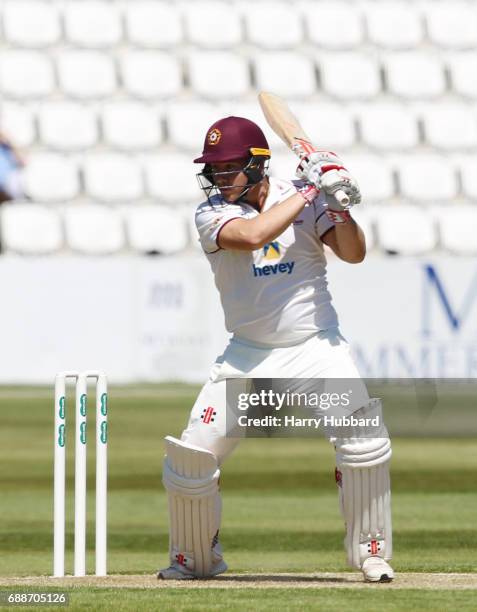 Adam Rossington of Northamptonshire bats during the Specsavers County Championship division two match between Northamptonshire and Worcestershire at...