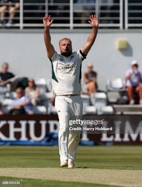 Joe Leach of Worcestershire appeals unsuccessfully during the Specsavers County Championship division two match between Northamptonshire and...