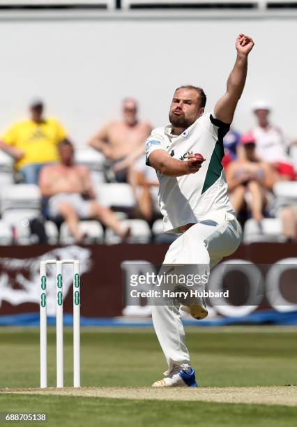 Joe Leach of Worcestershire bowls during the Specsavers County Championship division two match between Northamptonshire and Worcestershire at The...