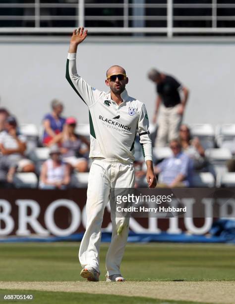 Nathan Lyon of Worcestershire reacts during the Specsavers County Championship division two match between Northamptonshire and Worcestershire at The...