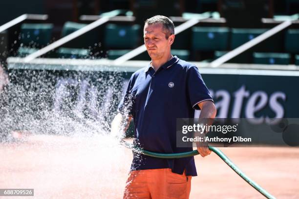 Court is being watered during a training session of the French Open at Roland Garros on May 26, 2017 in Paris, France.