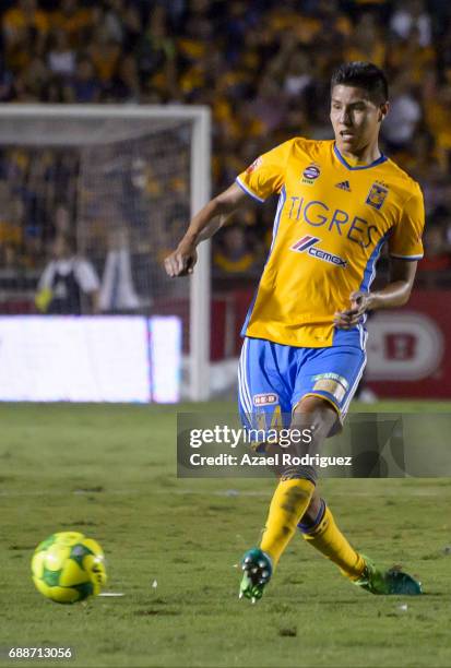 Hugo Ayala of Tigres drives the ball during the Final first leg match between Tigres UANL and Chivas as part of the Torneo Clausura 2017 Liga MX at...