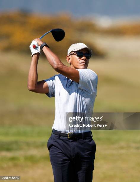 Former United States President Barack Obama plays a round of golf at the Old Course on May 26, 2017 in St Andrews, Scotland.