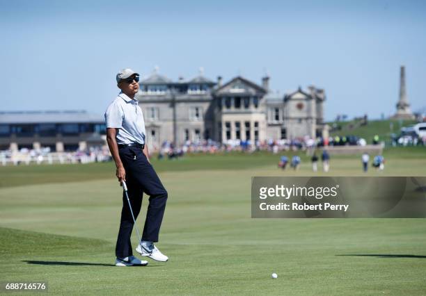 Former United States President Barack Obama plays a round of golf at the Old Course on May 26, 2017 in St Andrews, Scotland.