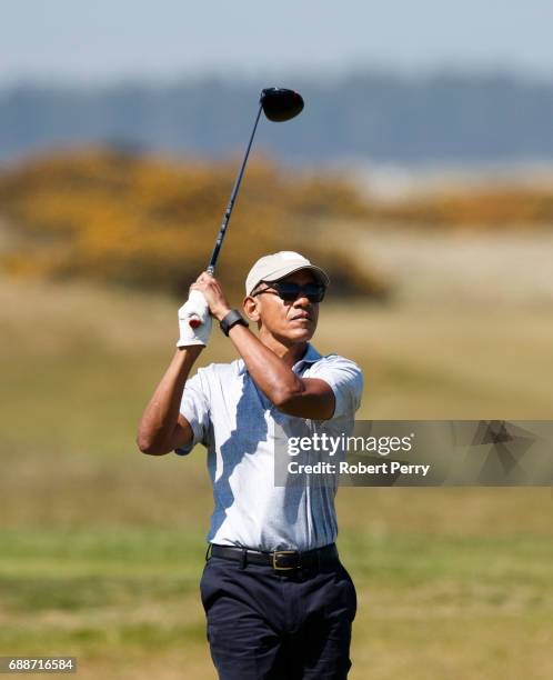 Former United States President Barack Obama plays a round of golf at the Old Course on May 26, 2017 in St Andrews, Scotland.