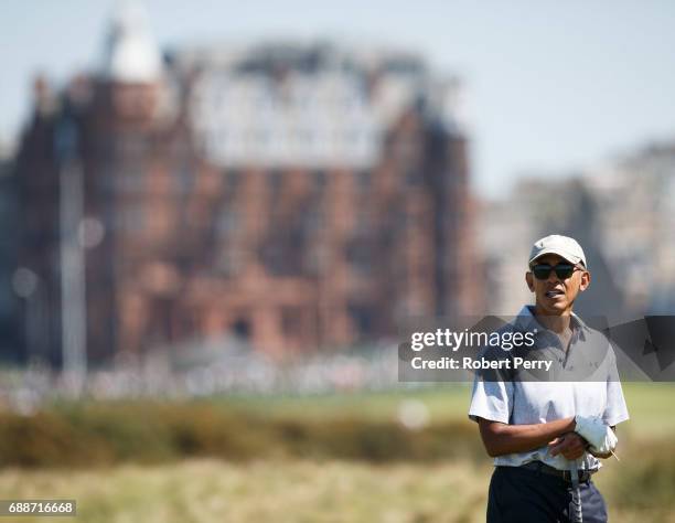 Former United States President Barack Obama plays a round of golf at the Old Course on May 26, 2017 in St Andrews, Scotland.