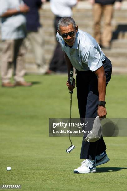 Former United States President Barack Obama plays a round of golf at the Old Course on May 26, 2017 in St Andrews, Scotland.