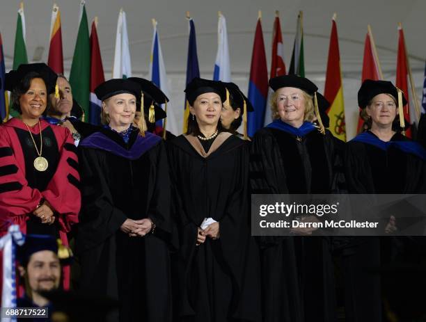 Hillary Clinton prepares to speak at commencement at Wellesley College May 26, 2017 in Wellesley, Massachusetts. Clinton graduated from Wellesley...