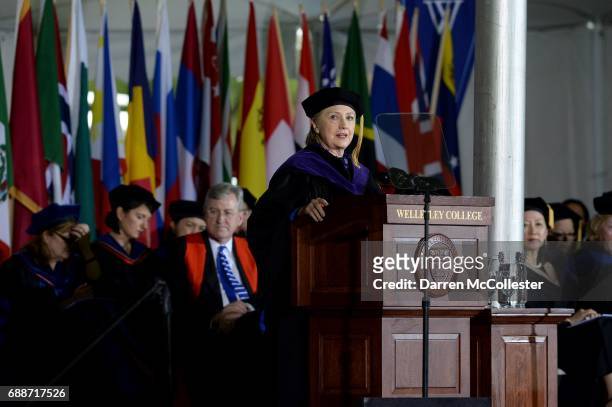 Hillary Clinton speaks at commencement at Wellesley College May 26, 2017 in Wellesley, Massachusetts. Clinton graduated from Wellesley College in...