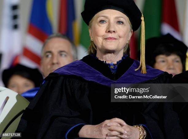 Hillary Clinton listens during commencement at Wellesley College May 26, 2017 in Wellesley, Massachusetts. Clinton graduated from Wellesley College...