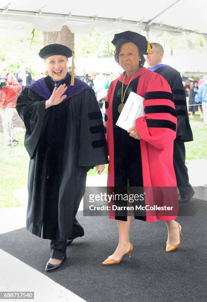Hillary Clinton walks in the processional during commencement alongside President Paula Johnson at Wellesley College May 26, 2017 in Wellesley,...