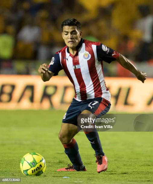Jesus Sanchez of Chivas drives the ball during the Final first leg match between Tigres UANL and Chivas as part of the Torneo Clausura 2017 Liga MX...