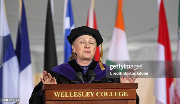 Hillary Clinton delivers a commencement address at the Wellesley College commencement in Wellesley, MA on May 26, 2017.