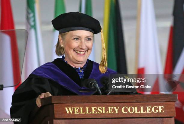 Hillary Clinton delivers a commencement address at the Wellesley College commencement in Wellesley, MA on May 26, 2017.