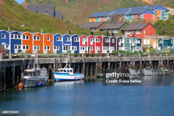 colorful huts, shops, houses, boats around the harbor on helgoland, germany - helgoland stock-fotos und bilder