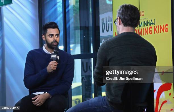 Comedian Hasan Minhaj and host Ricky Camilleri attend Build to discuss his new Netflix special "Hasan Minhaj: Homecoming King" at Build Studio on May...