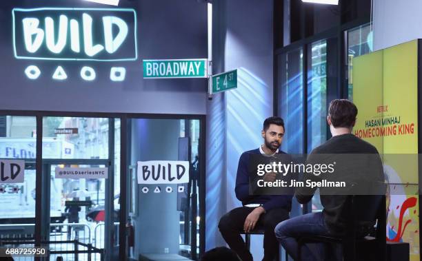 Comedian Hasan Minhaj and host Ricky Camilleri attend Build to discuss his new Netflix special "Hasan Minhaj: Homecoming King" at Build Studio on May...