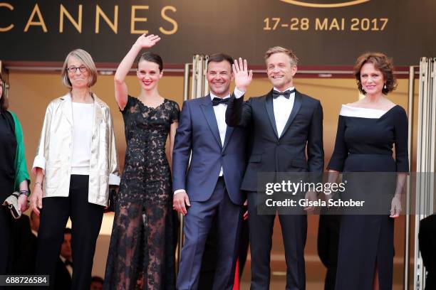 French minister of Culture Francoise Nyssen, Marine Vacth, director Francois Ozon, Jeremie Renier and Jacqueline Bisset attend "Amant Double " Red...