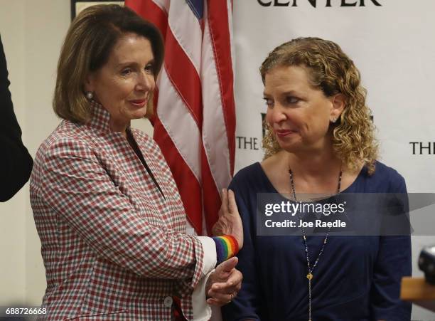 House Minority Leader Rep. Nancy Pelosi and Rep. Debbie Wasserman Schultz attend a discussion about LGBT rights at the Pride Center on May 26, 2017...