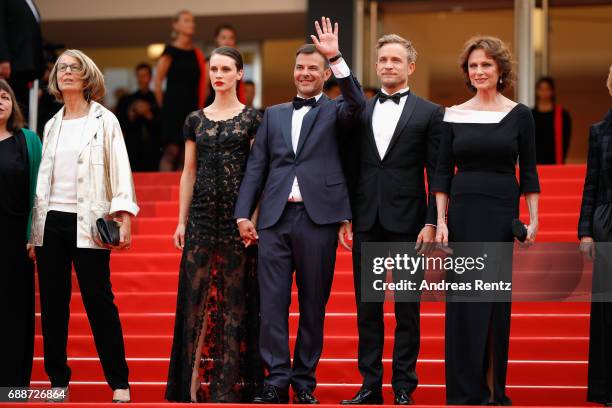 French minister of Culture Francoise Nyssen, Marine Vacth, director Francois Ozon, Jeremie Renier and Jacqueline Bisset attend "Amant Double " Red...