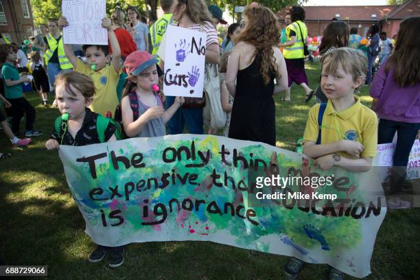 Hackney parents and their children mobilise against threat of cuts to schools across the borough, in a demonstration rally on May 26th 2017 in London...