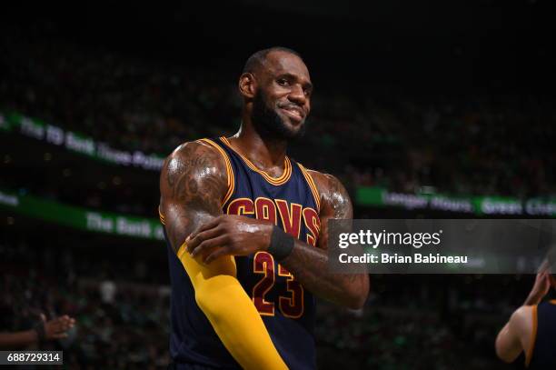 LeBron James of the Cleveland Cavaliers looks on during the game against the Boston Celtics in Game Five of the Eastern Conference Finals of the 2017...