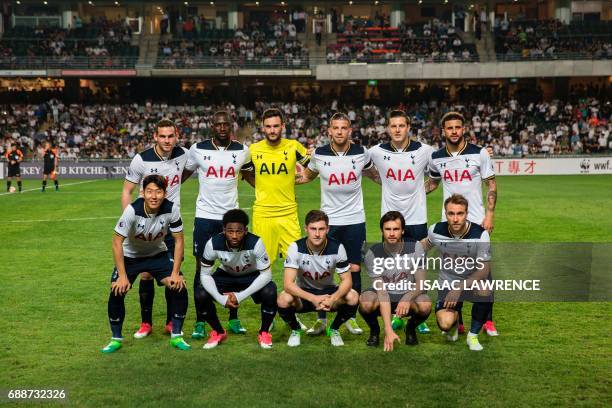 Tottenham Hotspur's players South Korean striker Son Heung-Min, French midfielder Georges-Kevin N'Koudou, Welsh defender Ben Davies, Slovakian...