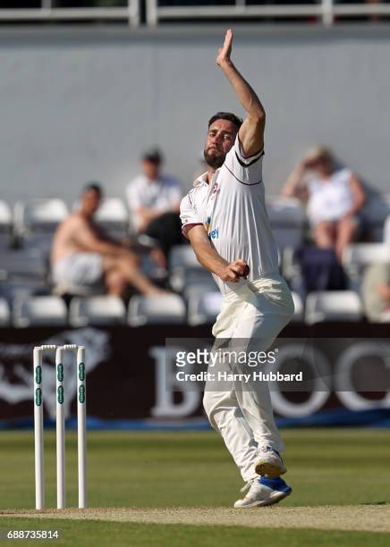 Ben Sanderson of Northamptonshire bowls during the Specsavers County Championship division two match between Northamptonshire and Worcestershire at...