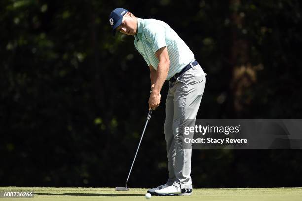 Jordan Spieth putts the ball on the fifth green during Round Two of the DEAN & DELUCA Invitational at Colonial Country Club on May 26, 2017 in Fort...