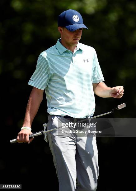 Jordan Spieth lines up a putt on the fifth green during Round Two of the DEAN & DELUCA Invitational at Colonial Country Club on May 26, 2017 in Fort...