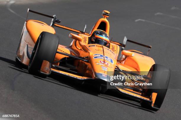 Fernando Alonso of Spain, driver of the Chandon Honda drives during Carb day for the 101st Indianapolis 500 at Indianapolis Motorspeedway on May 26,...