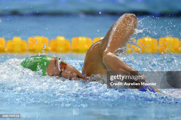 Assia Touati competes in the 4x200m Women's Team Freestyle final on day four of the French National Swimming Championships on May 26, 2017 in...