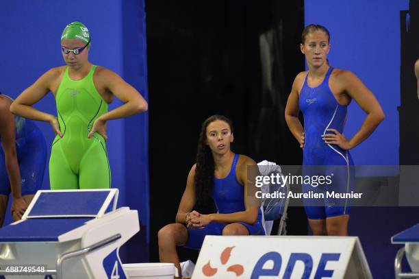 Aurore Jacolin, Assia Touati and Alizee Morel react during the 4x200m Women's Team Freestyle final on day four of the French National Swimming...