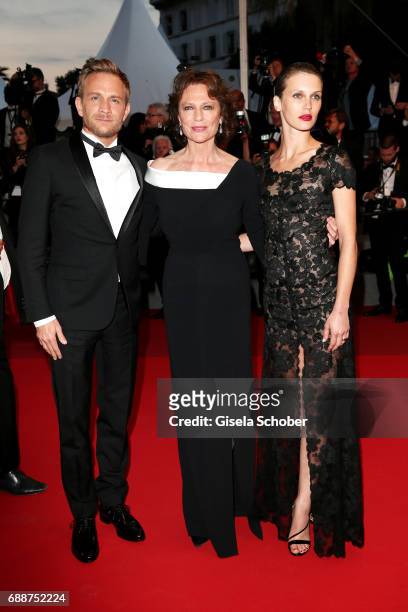 Jeremie Renier, Jacqueline Bisset and Marine Vacth leave the "Amant Double " screening during the 70th annual Cannes Film Festival at Palais des...