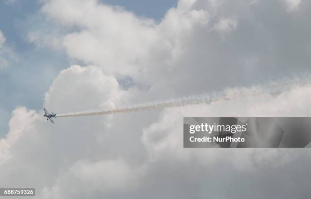 An aireal acrobatic show is seen being performed during the Bydgoszcz Air Fair on 26 May, 2017. The Air Fair is a yearly event where defence industry...