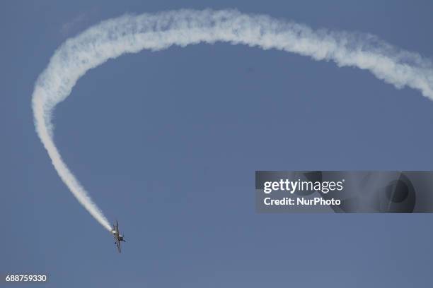 An aireal acrobatic show is seen being performed during the Bydgoszcz Air Fair on 26 May, 2017. The Air Fair is a yearly event where defence industry...