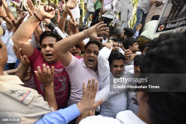 Youth Congress protest against BJP government on the complete failure of 3 years of NDA Government. "Jawab Do, Hisab Do at BJP Headquarter in New...