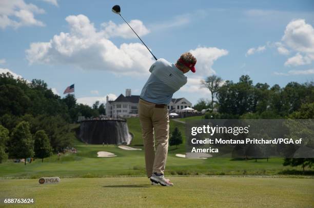 Michael Allen of the United States hits his tee shot on the first hole during Round Two for the 78th KitchenAid Senior PGA Championship at Trump...