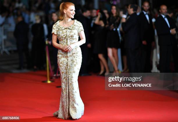 Actress and member of the Feature Film jury Jessica Chastain poses as she arrives on May 26, 2017 for the screening of the film 'In the Fade' at the...