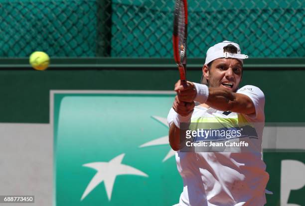 Paul-Henri Mathieu of France in action during his third round qualifying match two days ahead of the start of 2017 French Open at Roland Garros...
