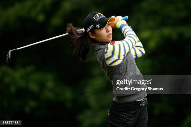 Mi Hyang Lee of South Korea watches her tee shot on the seventh hole during the second round of the LPGA Volvik Championship on May 26, 2017 at...