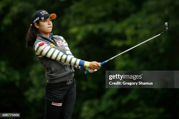 Mi Hyang Lee of South Korea watches her tee shot on the seventh hole during the second round of the LPGA Volvik Championship on May 26, 2017 at...