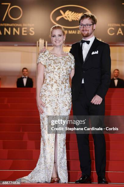 Jessica Chastain and guest attend the "In The Fade " premiere during the 70th annual Cannes Film Festival at Palais des Festivals on May 26, 2017 in...