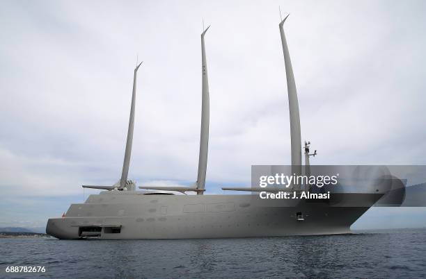 Gigantic vessel, owned by Russian billionaire Andrey Melnichenko is spotted during the 70th annual Cannes Film Festival at on May 26, 2017 in Cannes,...