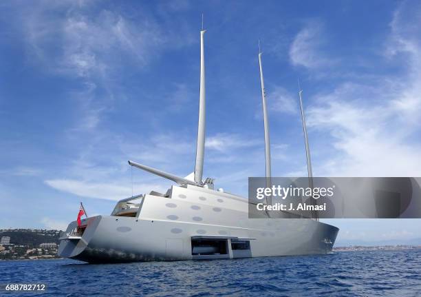 Gigantic vessel, owned by Russian billionaire Andrey Melnichenko is spotted during the 70th annual Cannes Film Festival at on May 26, 2017 in Cannes,...