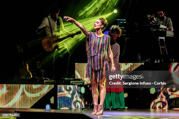 Italian actress/singer Lodovica Comello performs on stage at Teatro Degli Arcimboldi on May 26, 2017 in Milan, Italy.