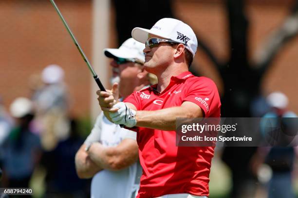 Zach Johnson watches his approach shot to during the second round of the Dean & Deluca Invitational on May 26, 2017 at Colonial Country Club in Fort...
