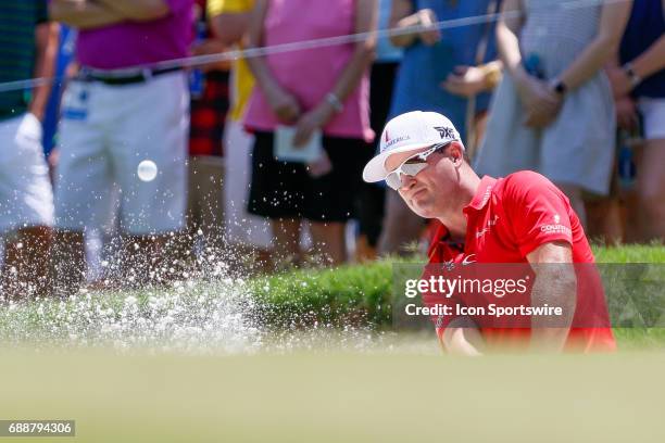 Zach Johnson hits from the bunker on during the second round of the Dean & Deluca Invitational on May 26, 2017 at Colonial Country Club in Fort...