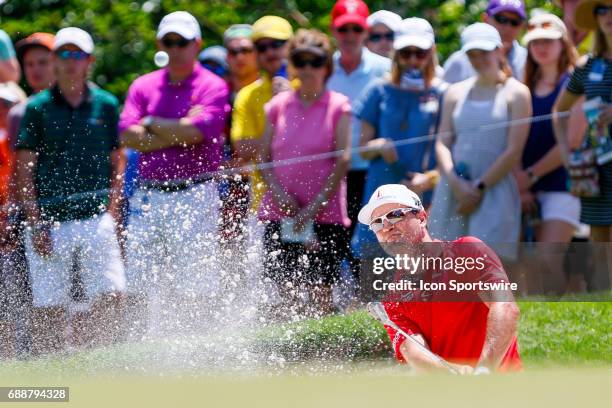 Zach Johnson hits from the bunker on during the second round of the Dean & Deluca Invitational on May 26, 2017 at Colonial Country Club in Fort...
