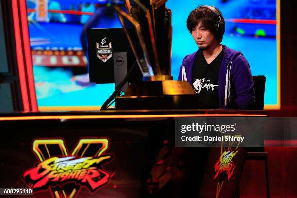 Daigo Umehara plays against Yusuki Momochi during the ELEAGUE Street Fighter V Invitational Playoffs & Championship at Turner Studios on May 26, 2017...